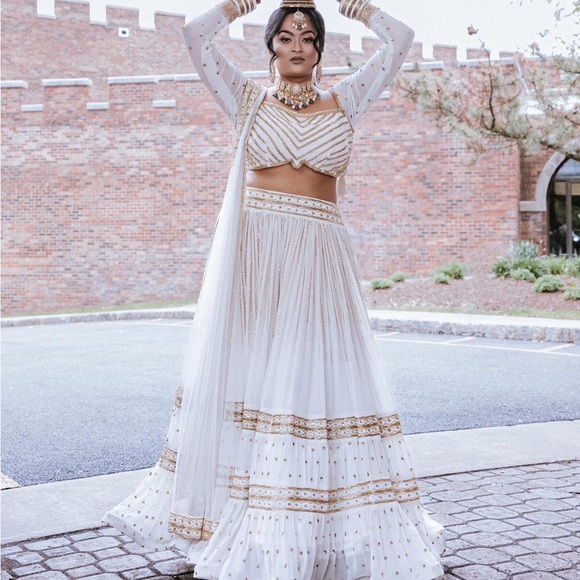 Chiffon White & Gold Beaded Lehenga - South Asian Custom Designed Indian Outfit - Picture 1 of 4